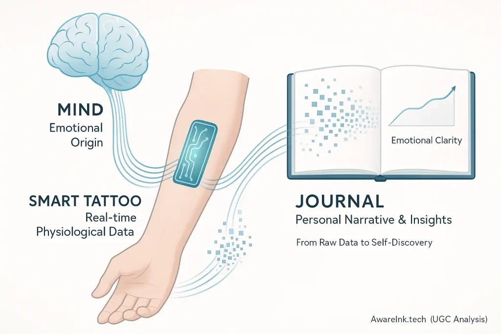 Smart tattoo on arm channels data to brain and journal, illustrating the mind-body-ink-journal insight pathway.
