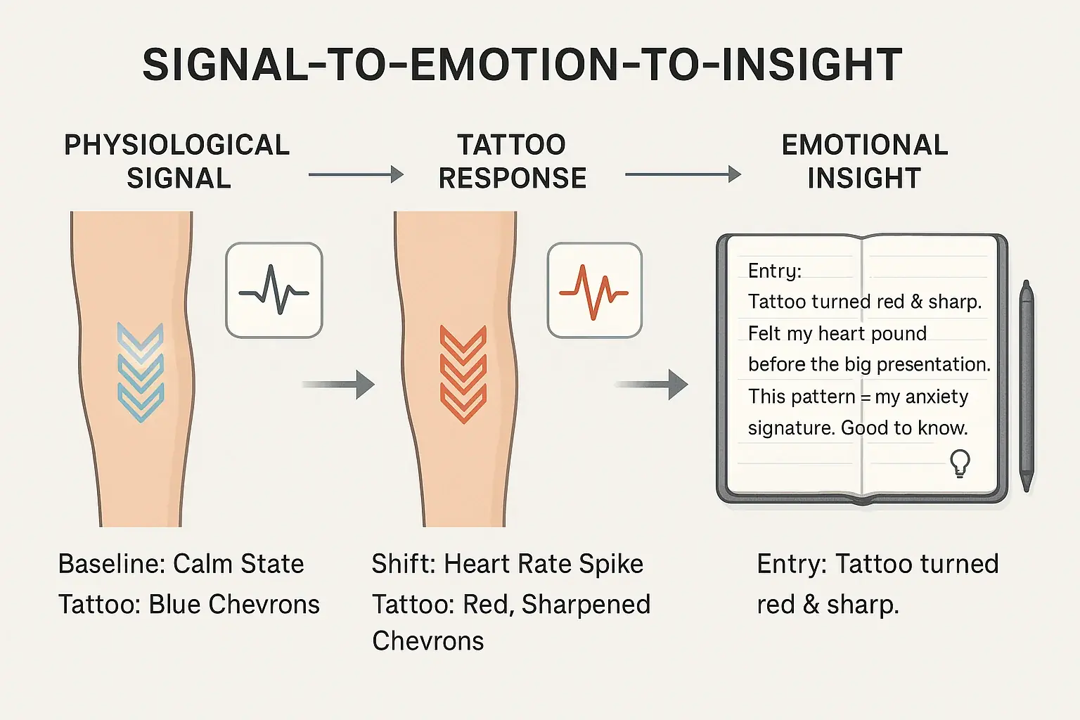 Diagram: Bio-signal alters smart tattoo pattern, arrow to journal entry showing emotion, leading to personal insight.