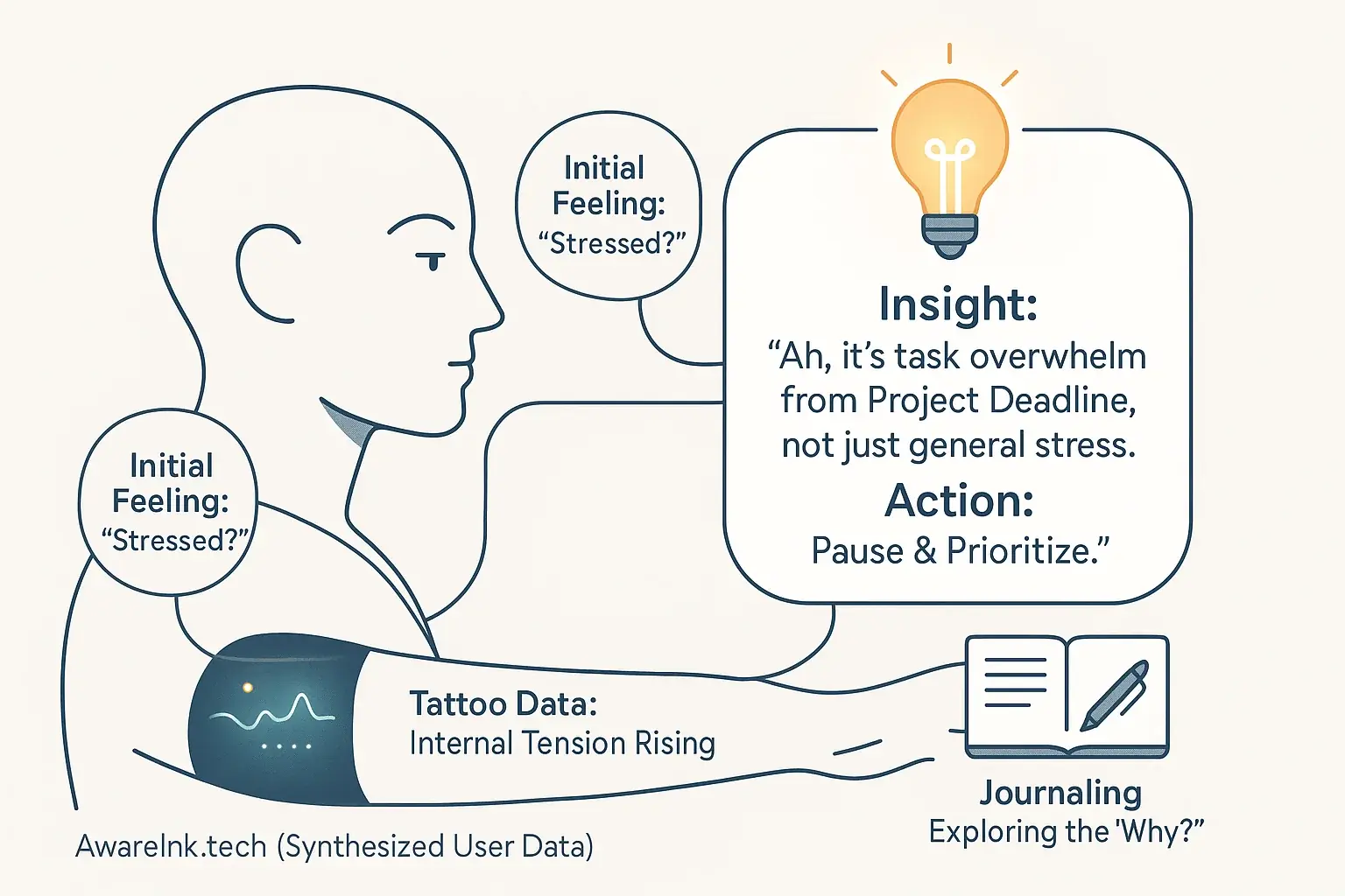 Infographic: Head, thoughts, smart tattoo data connect to lightbulb, showing holistic self-discovery & emotional insight.