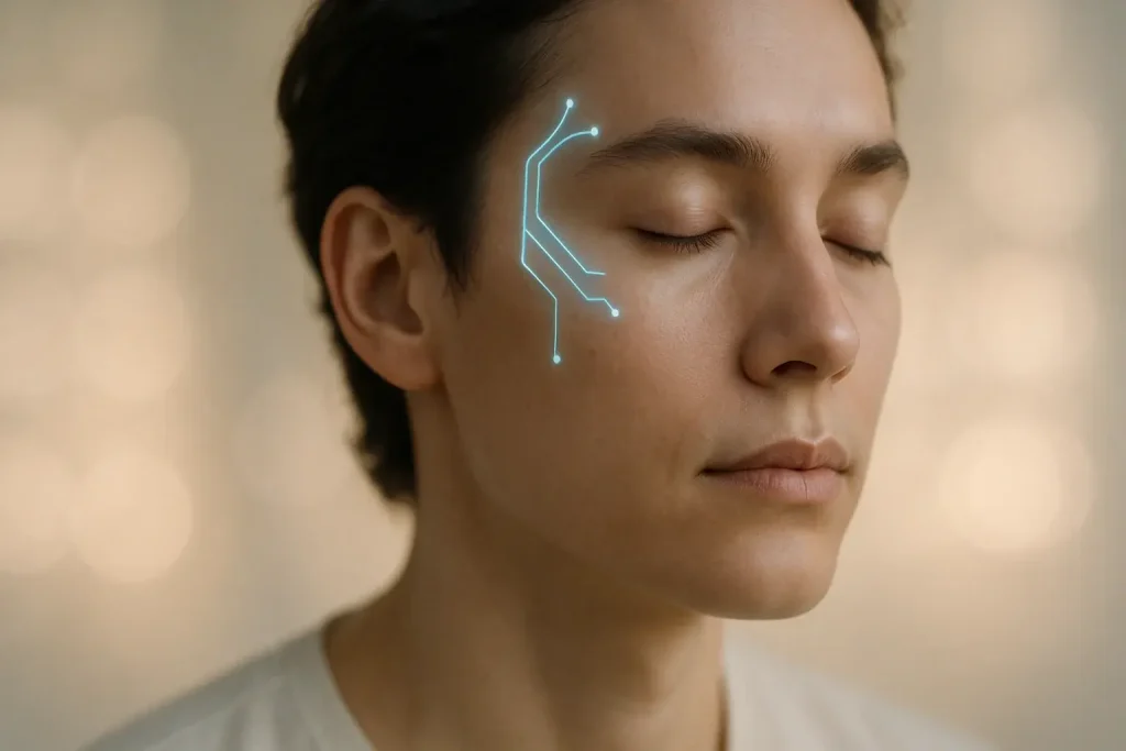Meditator, glowing smart tattoo on temple visually signals how modern tech is an ally for focused calm.