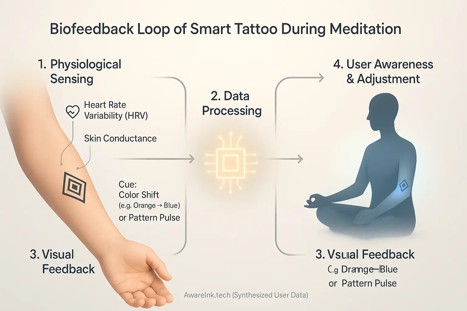 Infographic: Smart tattoo biofeedback loop. Sensors detect body signals, data processed, tattoo gives silent visual