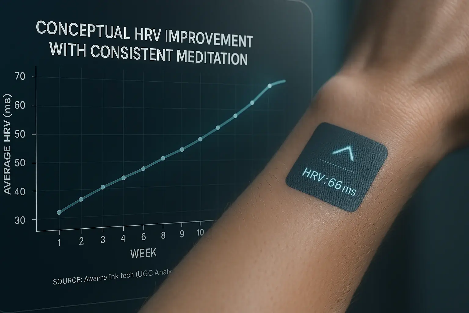 Line graph: Conceptual HRV improvement over 12 weeks' meditation, with smart tattoo showing journey progress & insights.
