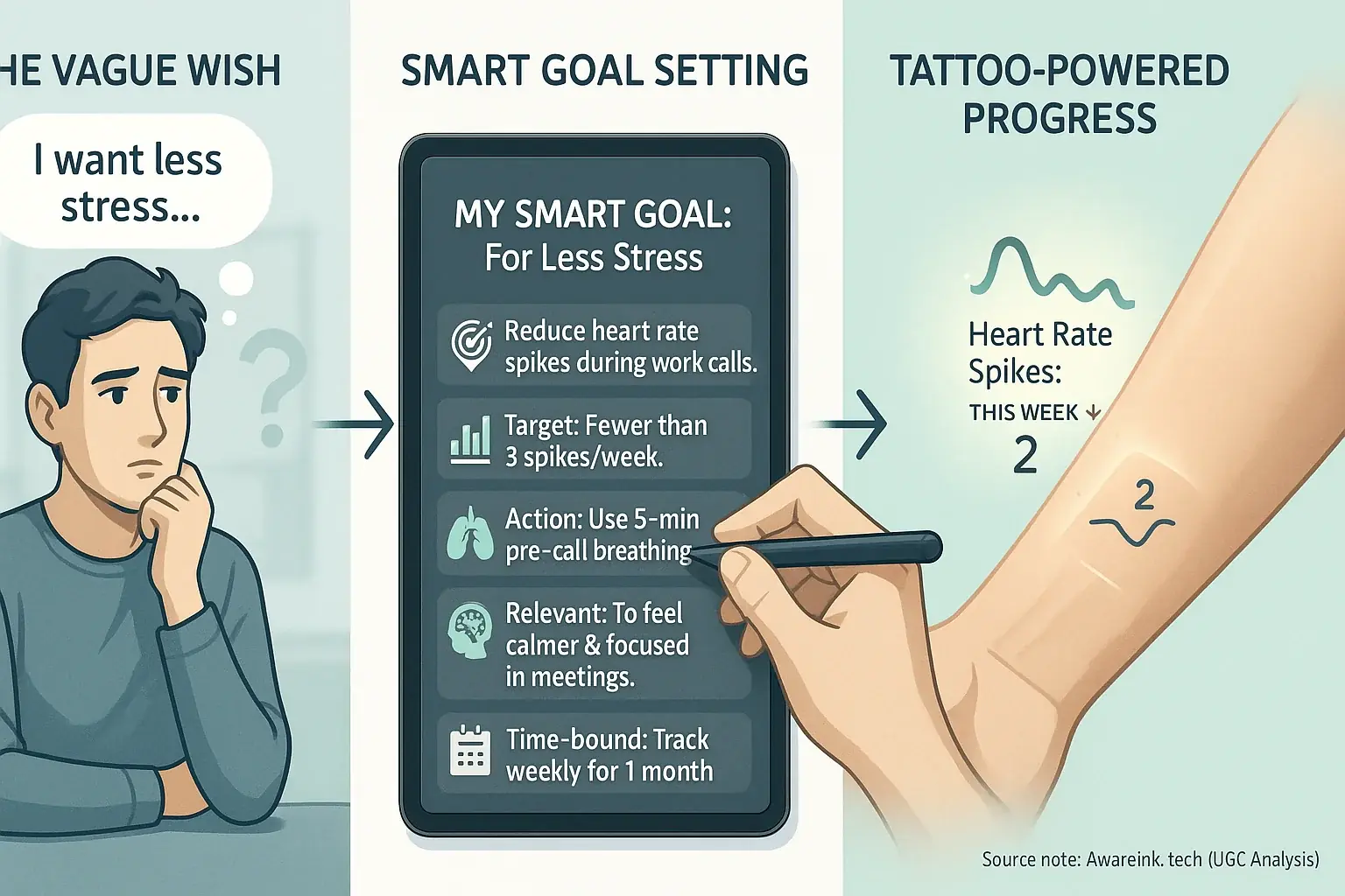 Infographic: User sets SMART wellness goals for smart tattoos, with visual tattoo progress examples.