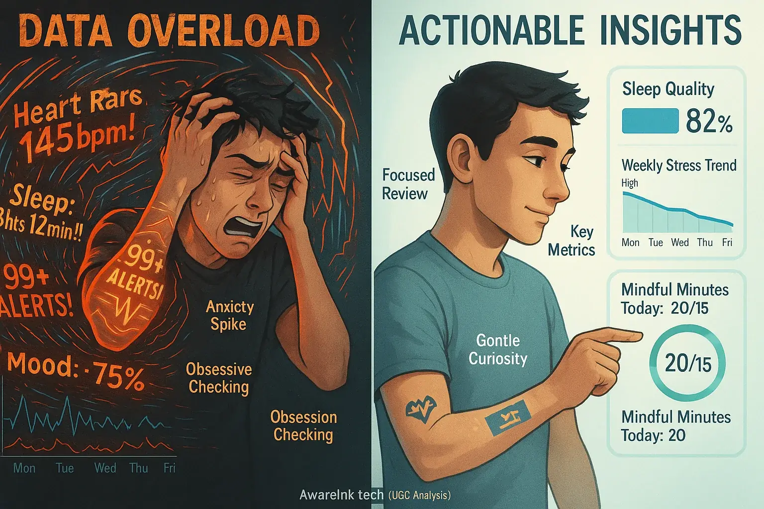 Infographic: Data overload (stressed person) vs. mindful data use (calm person, key insights) for preventing overwhelm.