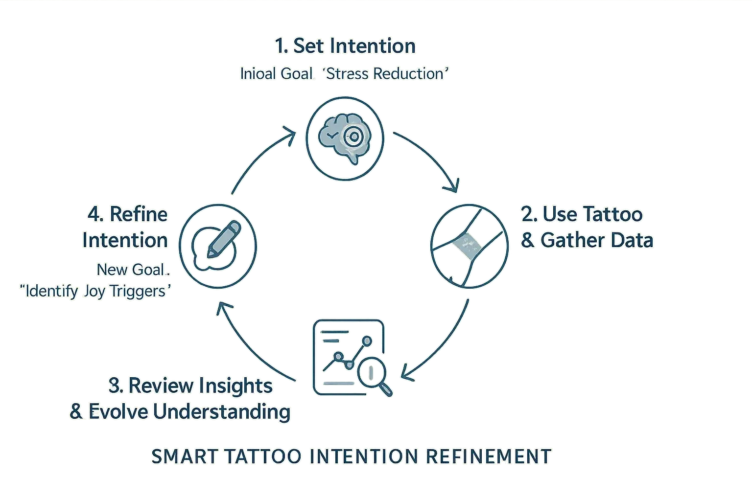 Cyclical infographic: set intentions, use tattoo, review data, refine intentions for continuous adaptation.