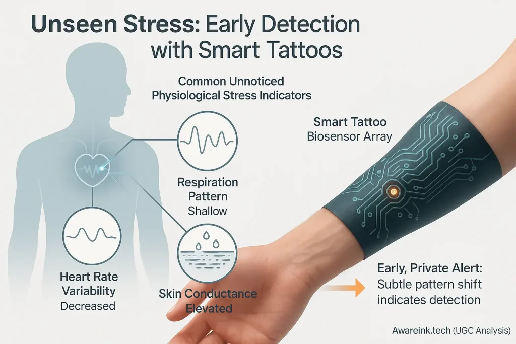 Infographic: How smart tattoo biosensors detect subtle stress signs (e.g., heart rate, clammy hands) to spot stress early.