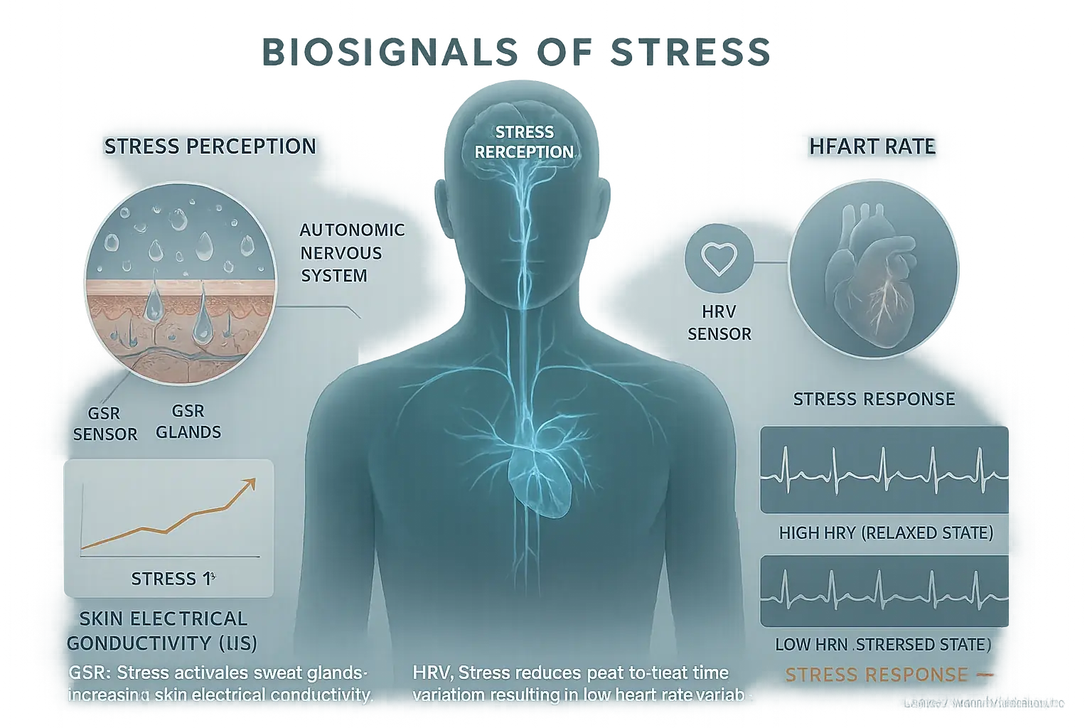 Infographic: Body diagram illustrating how GSR & HRV biosensors detect physiological stress signals.