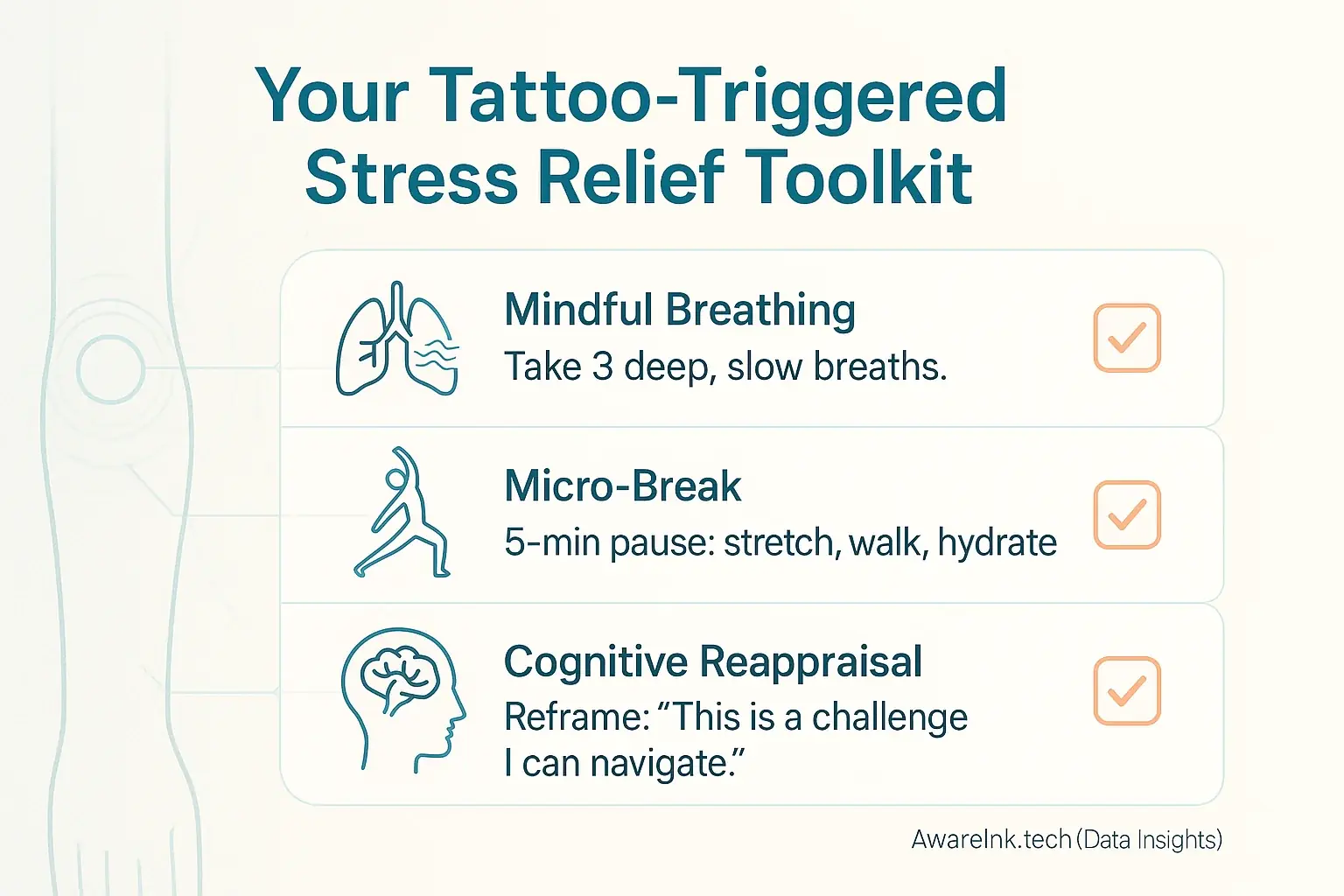 Infographic: Proactive stress relief checklist (breathing, walk, pause) for tattoo feedback resilience.