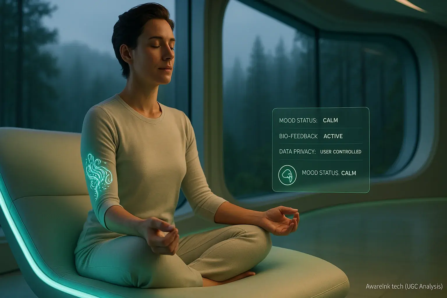 Subtle mood tattoo on a person's skin within a serene, futuristic scene, blending tech and nature for future calm.