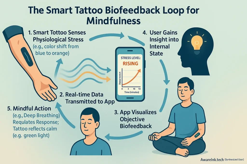 Infographic: Smart tattoo's biofeedback loop—sensor, data, app, insight, action—drives enhanced mindfulness.