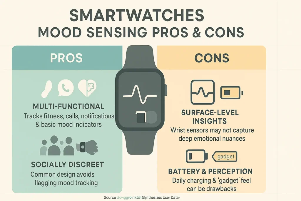 Infographic: Smartwatch mood sensing trade-off: multi-functionality (pro) vs. discreteness (con).