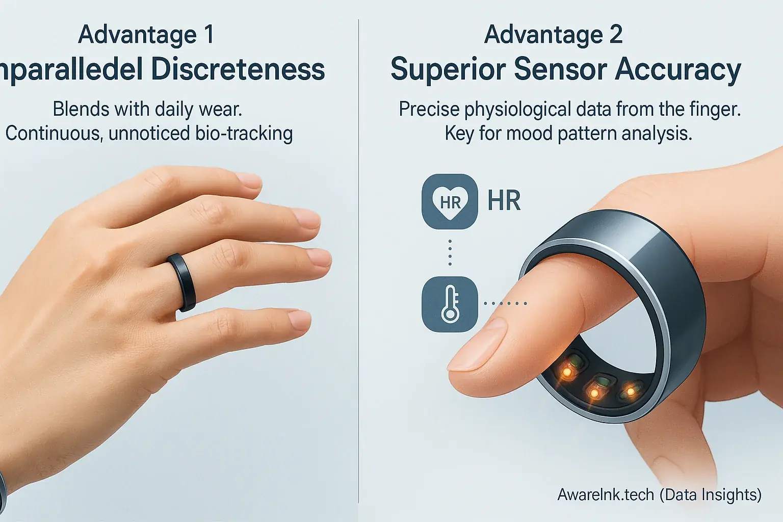 Infographic: Key smart ring advantages for continuous mood tracking: discreteness & accurate finger sensor data.