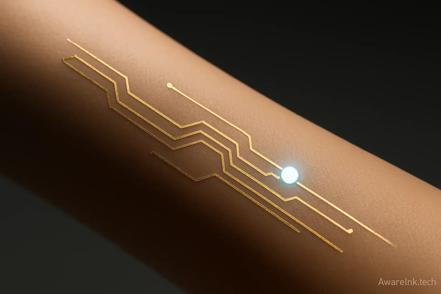 Thin, metallic DuoSkin smart tattoo circuits on skin, showing flexible, temporary, futuristic integration.