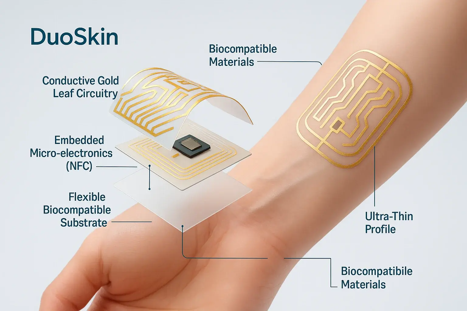 Tech illustration of DuoSkin's core: thin, flexible layers of conductive gold leaf, flexible substrate, micro-electronics.