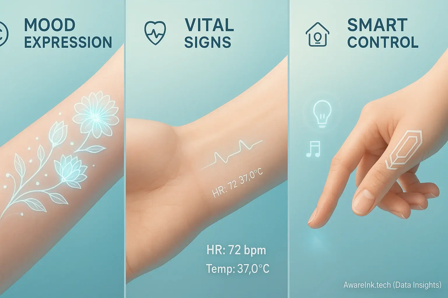 Infographic: Three DuoSkin scenarios show potential for mood display, vital tracking, & smart device control.