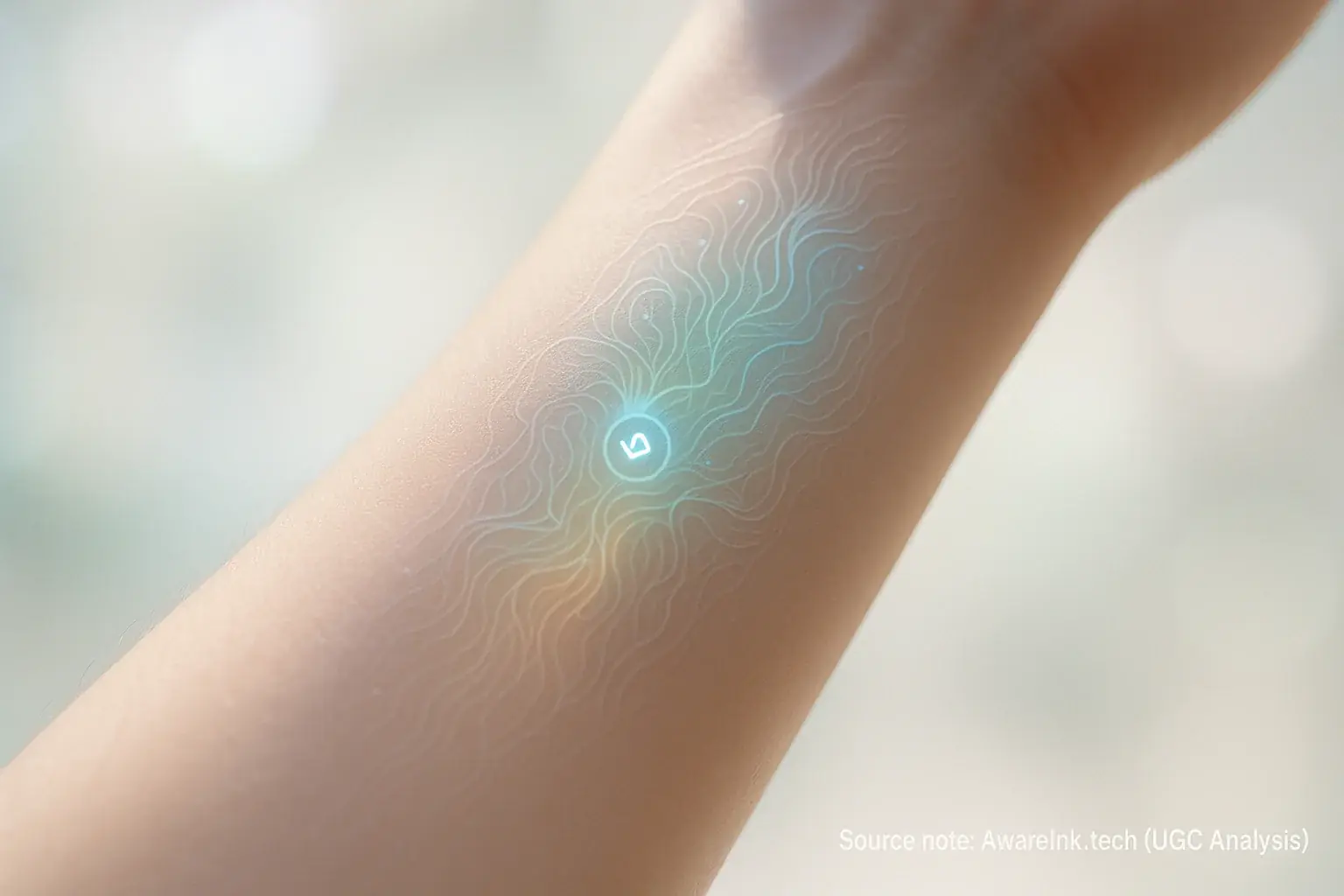 Seamless, ethereal smart tattoos on an arm subtly display mood patterns, envisioning DuoSkin's future.