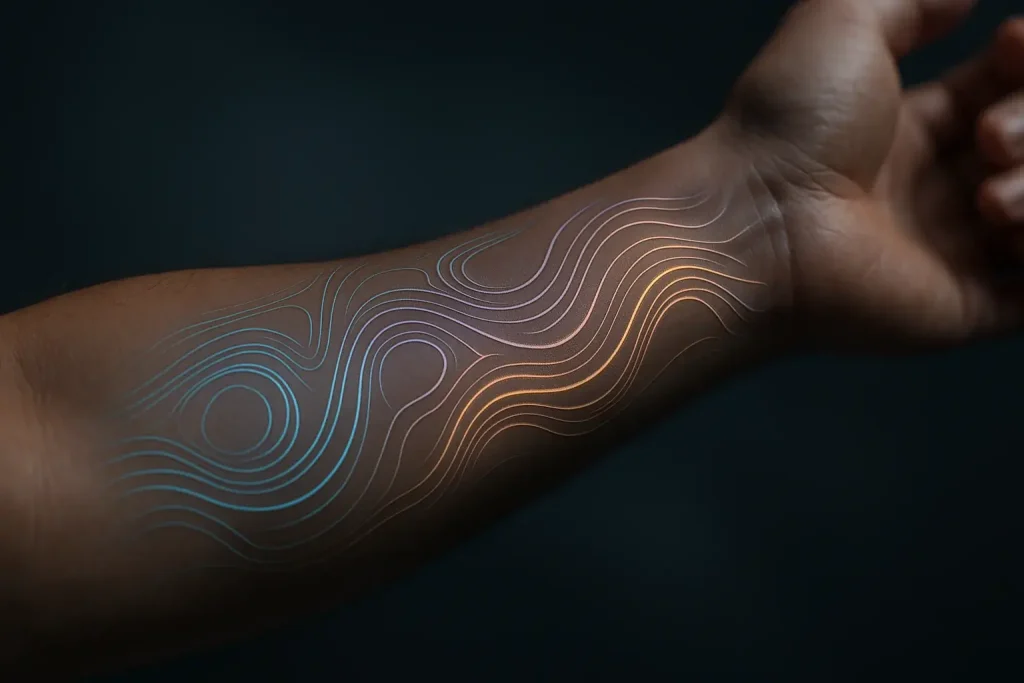 Sleek, futuristic Tech Tat smart tattoo on an arm, its dynamic patterns subtly shifting, illustrating Chaotic Moon's vision.