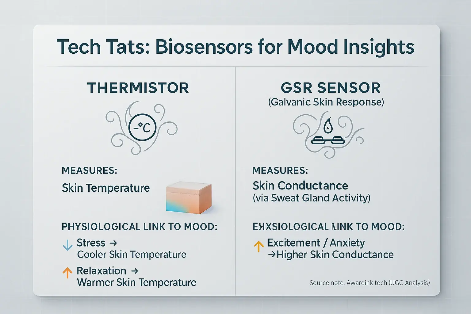 Conceptual Tech Tat biosensor breakdown: Infographic compares types (thermistors, GSR), what they measure, & mood links.