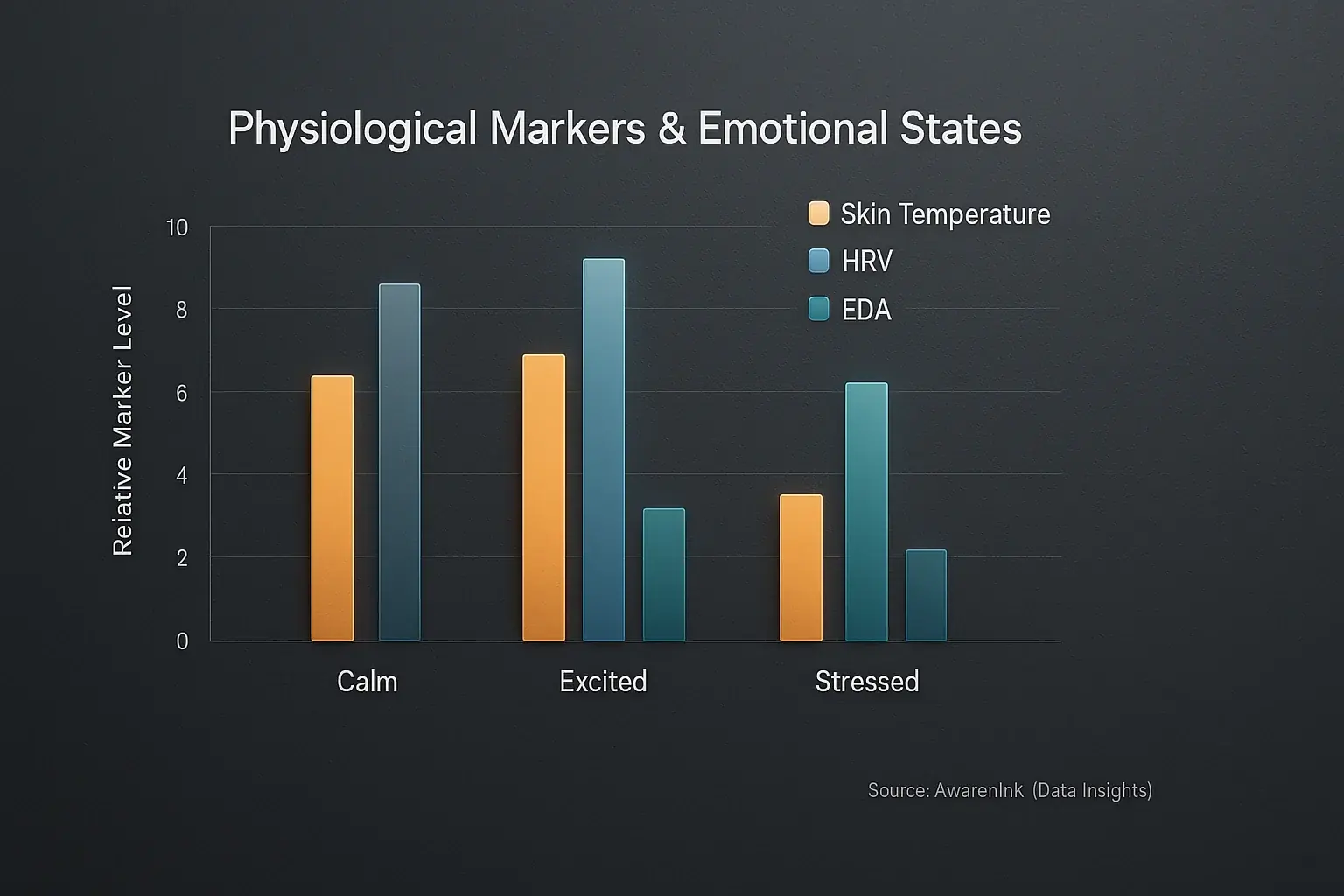 Bar chart: How physiological signals (HRV, skin temp, EDA) change with emotional states like calm, excited, and stress.