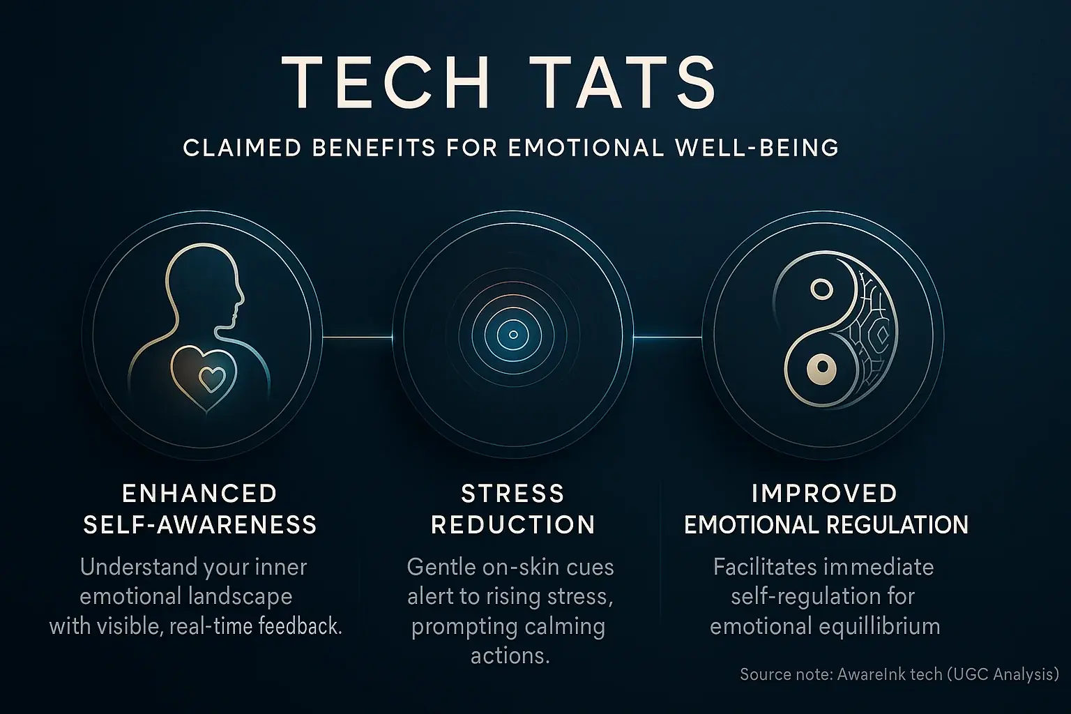 Infographic summarizing Tech Tats' big promises for emotions: stress reduction, enhanced self-awareness, emotional