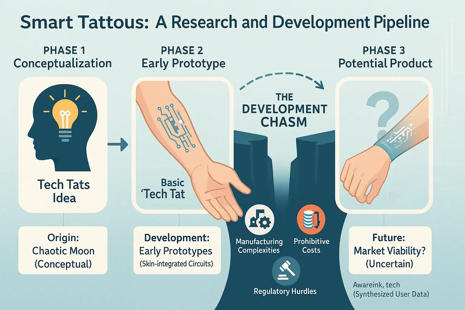 Conceptual smart tattoo R&D pipeline: idea to prototype to potential product, showing Tech Tats' concept-to-reality journey.