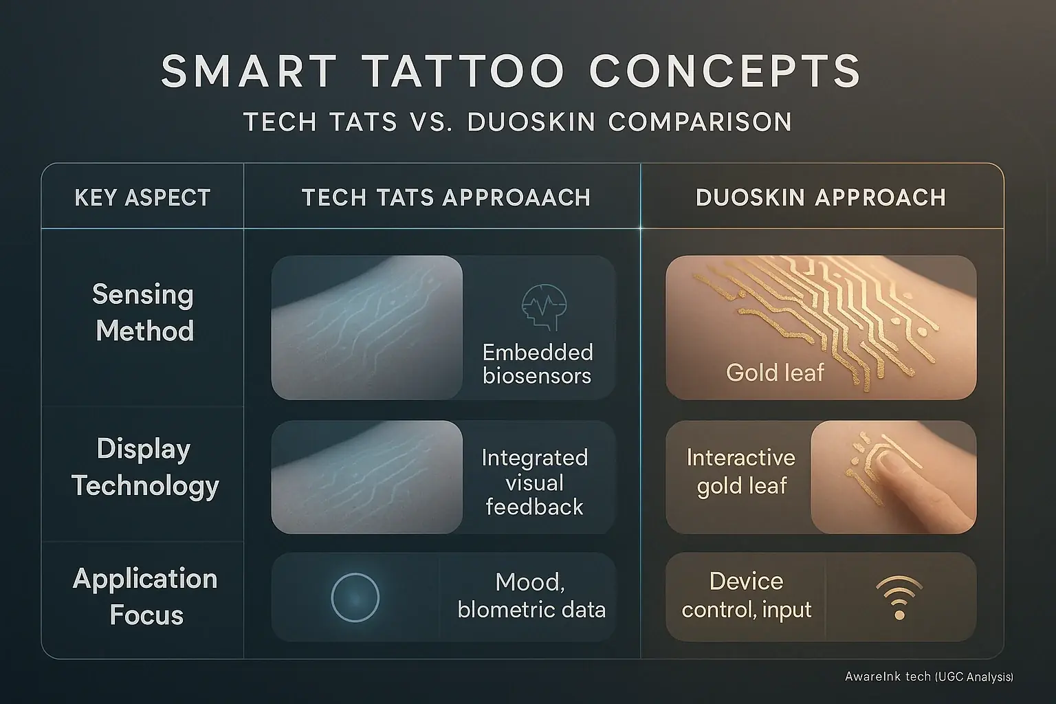Conceptual comparison table: Tech Tats vs. DuoSkin key differences in sensing, display, power source, application.