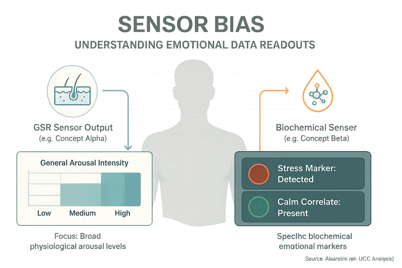 Infographic: Sensor types (GSR, Temp, Bio) map to emotional states, highlighting sensor biases that shape emotional readouts.