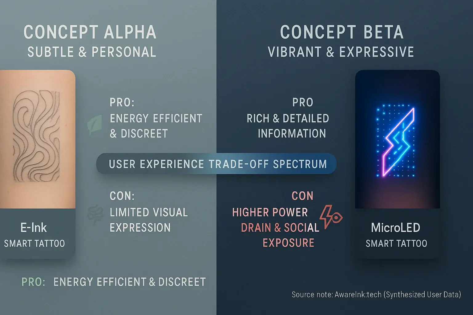 Spectrum of smart tattoo displays: subtle (Alpha) vs. vibrant (Beta), showing user experience trade-offs for visual mood