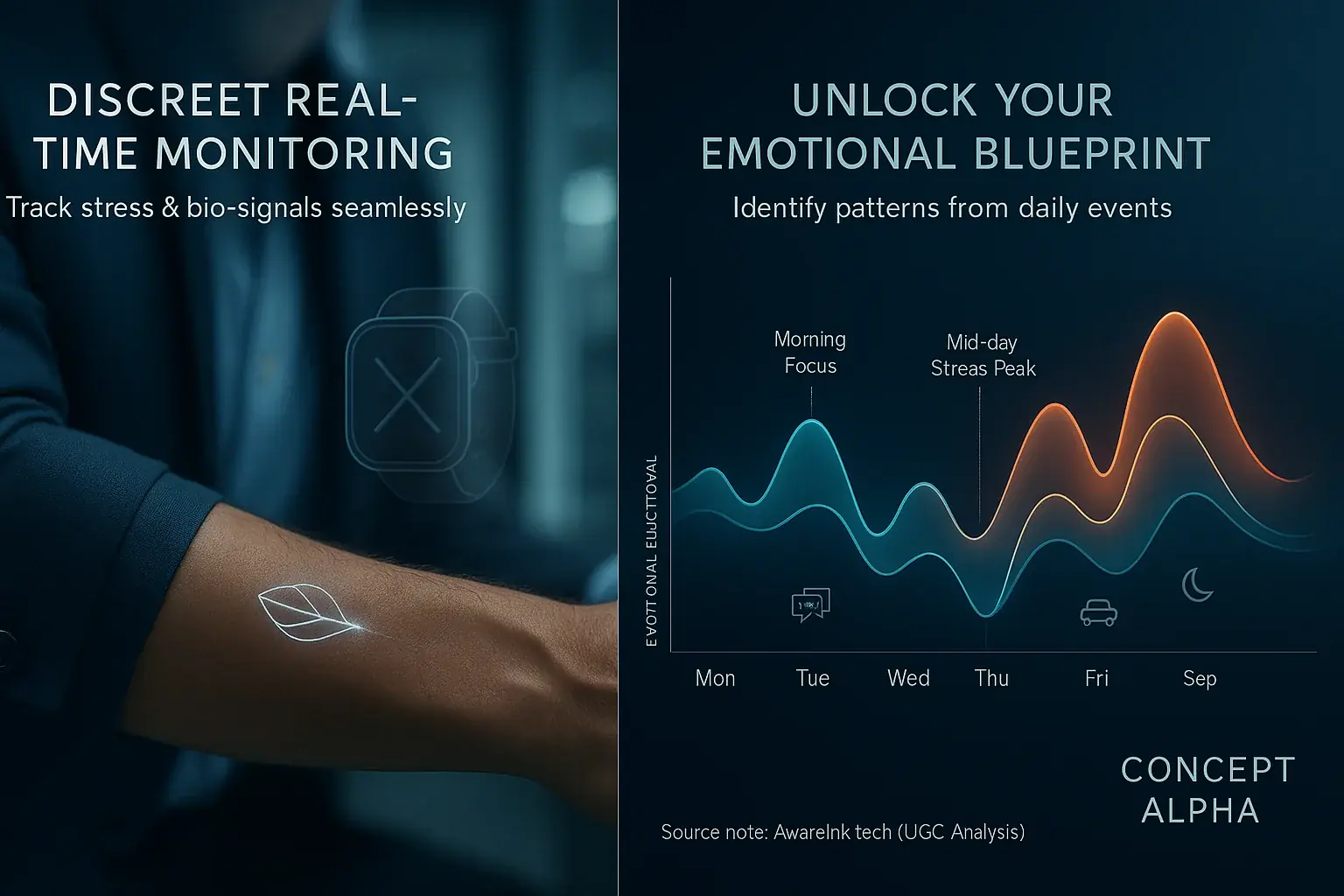 Infographic showing how [Concept Alpha] smart tattoo excels in discreet monitoring &amp; personal awareness through optimal use