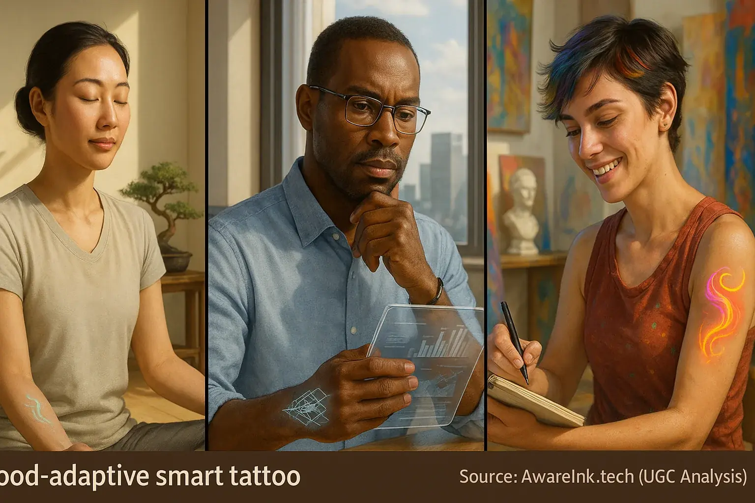 Diverse individuals—meditator, professional, artist—subtly interacting with mood-adaptive smart tattoos, showing lifestyle