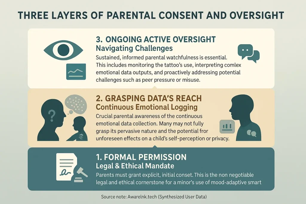 Infographic: Layers of parental consent (legal, ethical, practical) for minors' mood-adaptive smart tattoos, requiring
