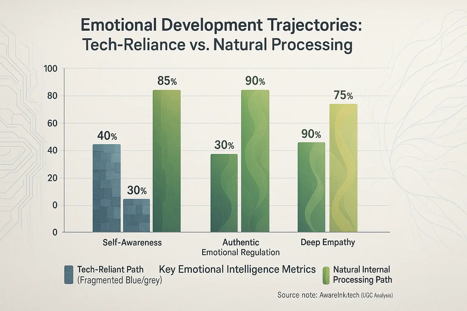 Bar chart: Tech-reliant emotional development results in lower emotional intelligence scores than internal processing.