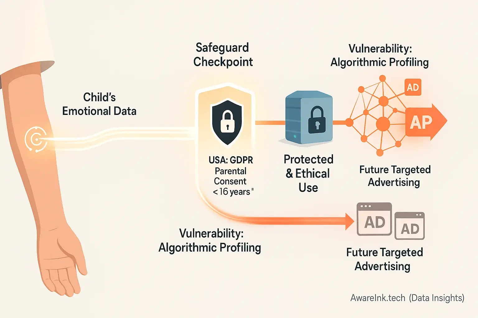 Minor's emotional data journey from smart tattoo to storage/use, highlighting privacy safeguards & vulnerabilities.