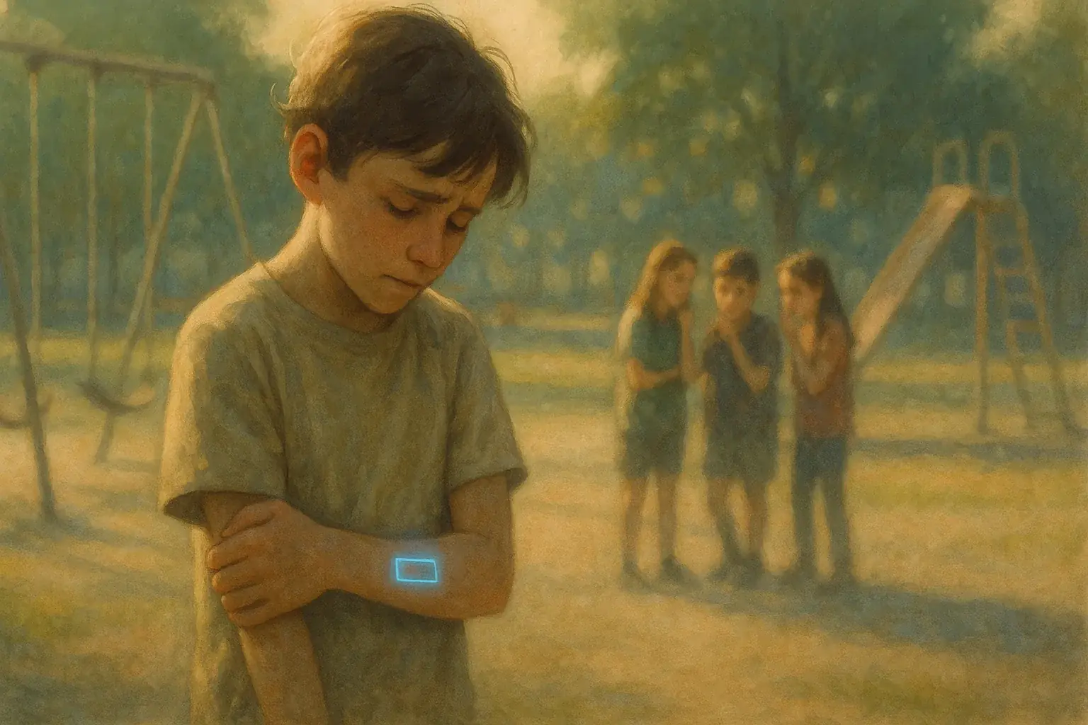 Young person on playground with a subtle, glowing smart tattoo, feeling self-conscious under peer scrutiny.