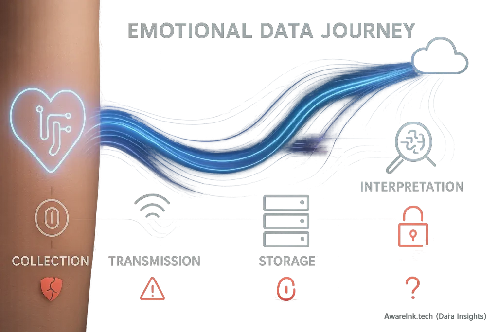 Infographic: Smart tattoo emotional data journey, skin to cloud, highlighting vulnerabilities at each processing stage.