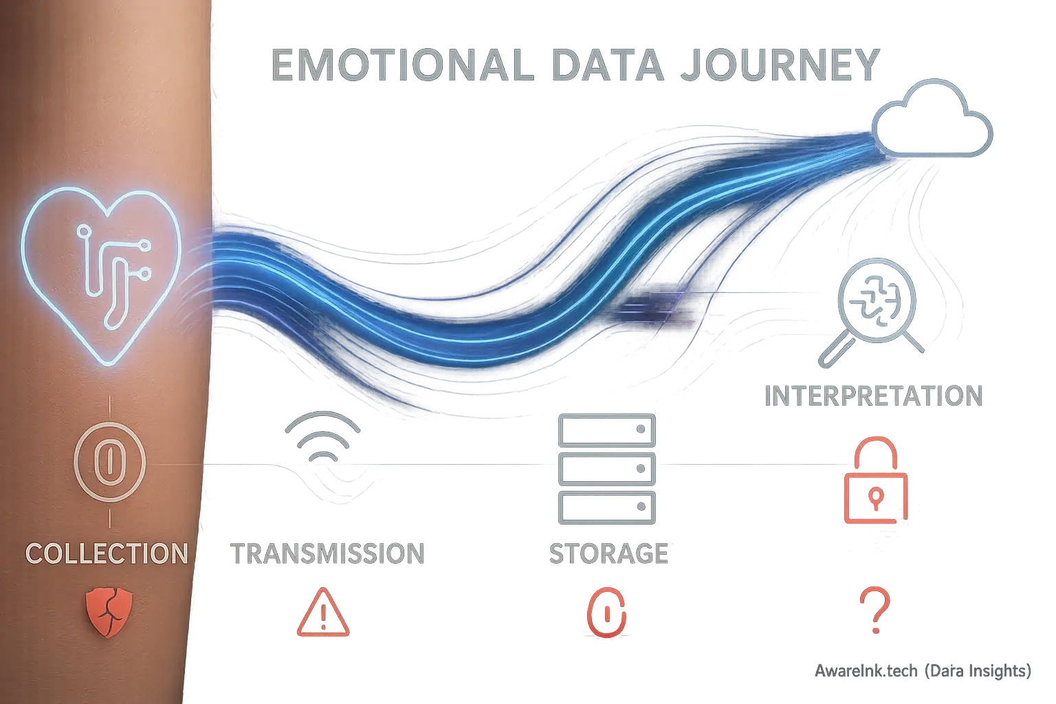 Infographic: Smart tattoo emotional data journey, skin to cloud, highlighting vulnerabilities at each processing stage.