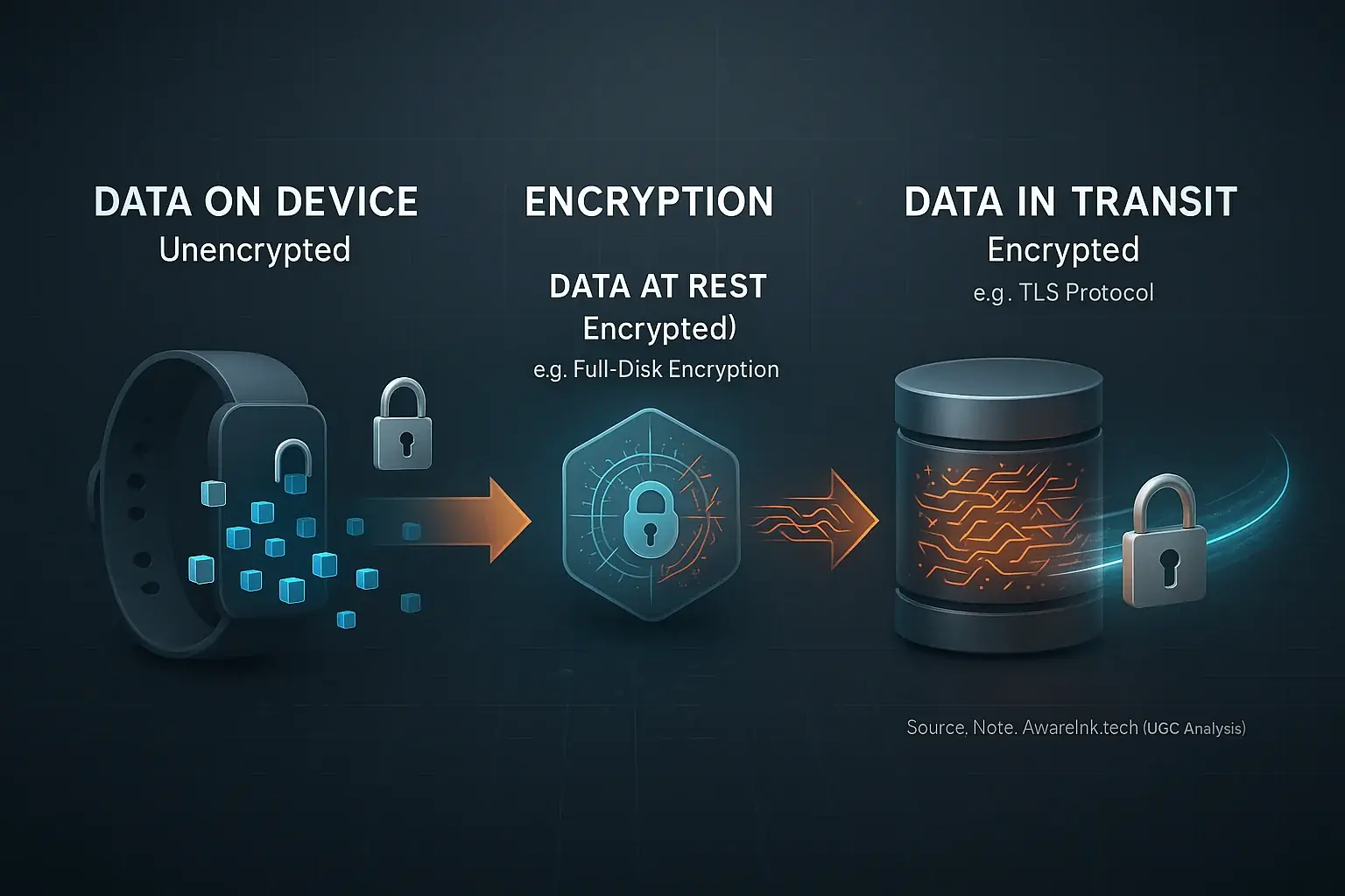 Infographic: Mood data encryption states compared; data packets shown scrambled/unscrambled & locked/unlocked.
