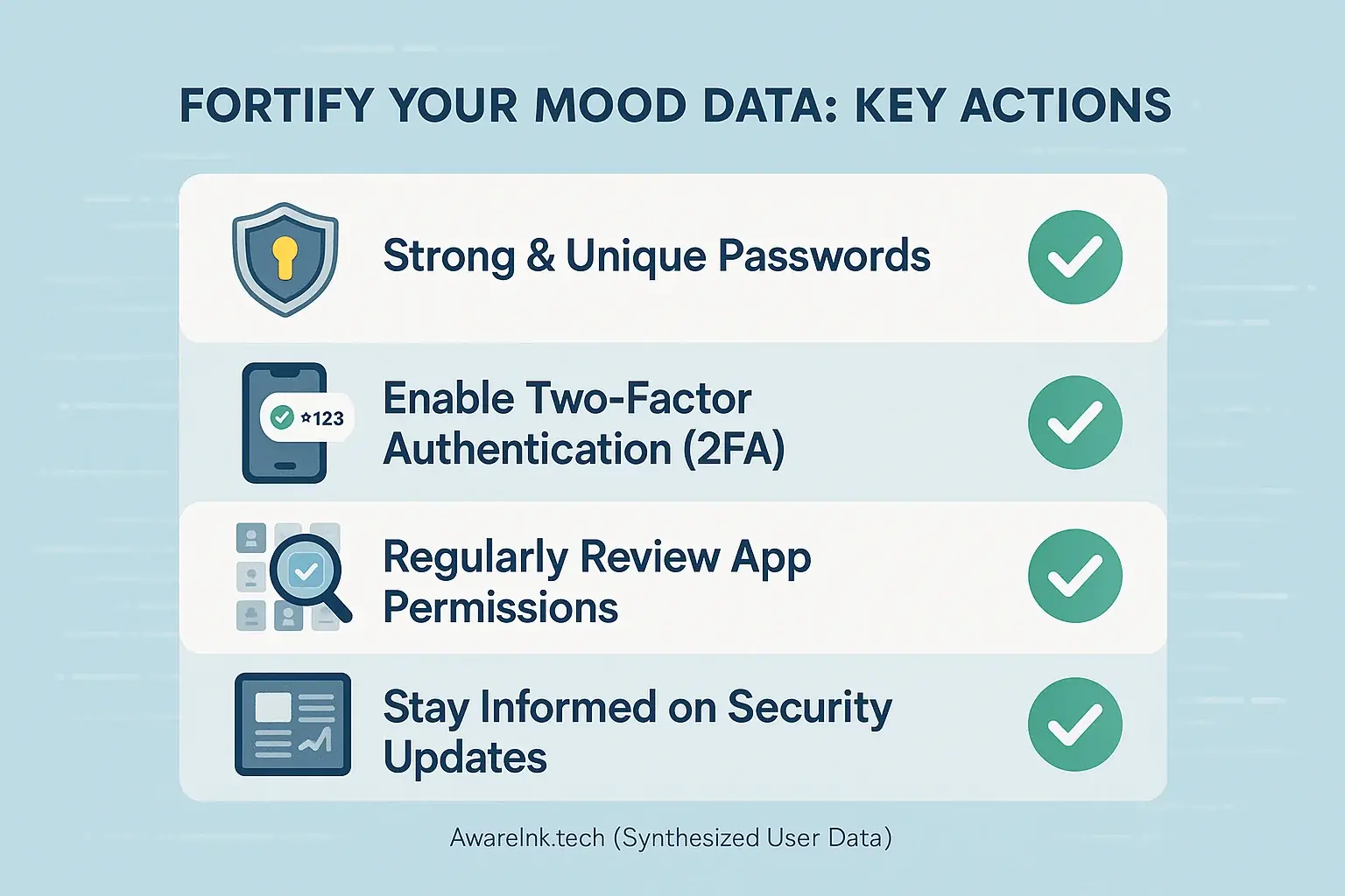 Infographic: Stylized checklist of practical steps (passwords, 2FA, app review) to fortify mood data security.