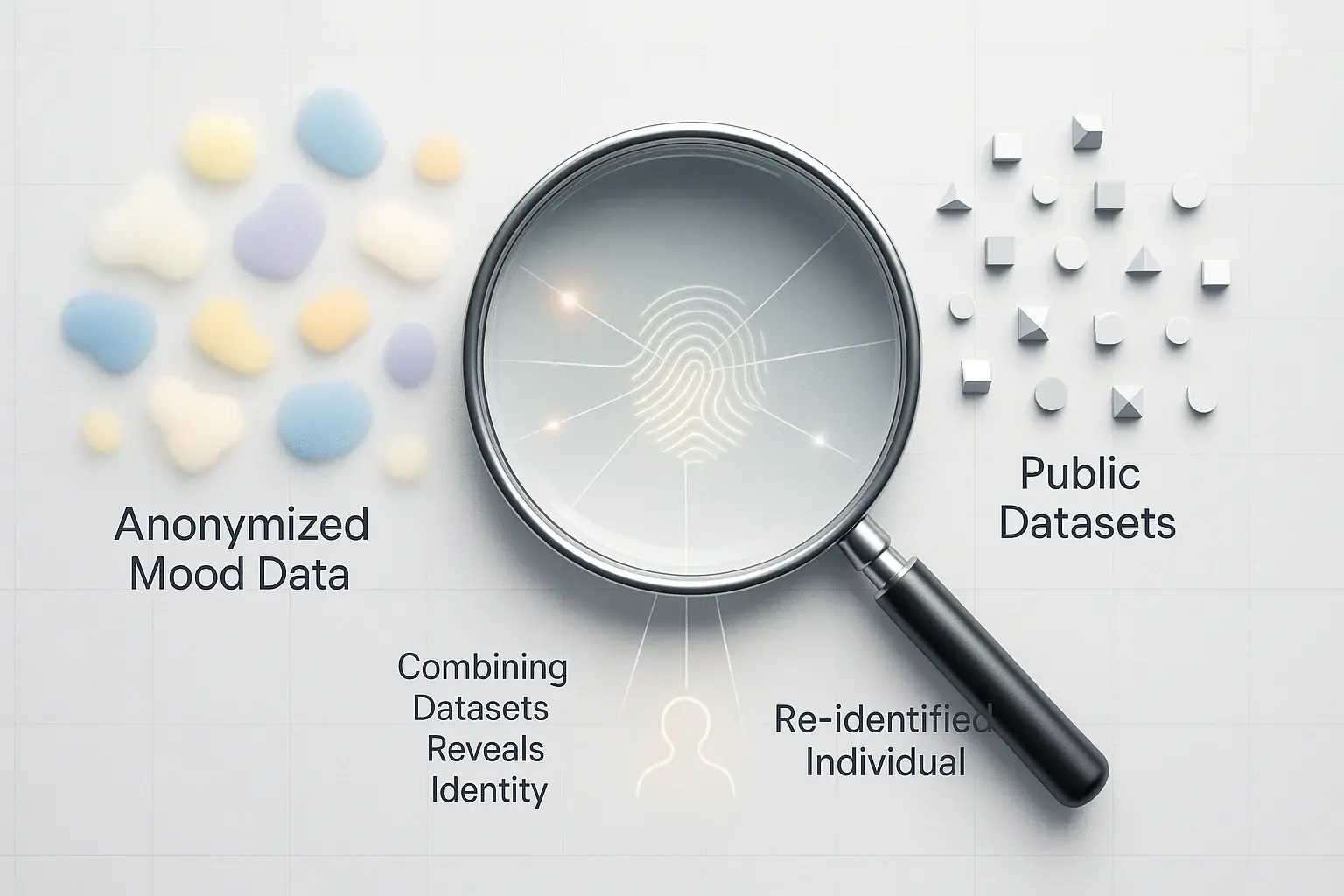 Magnifying glass over abstract data points shows how combining datasets re-identifies seemingly anonymous information.