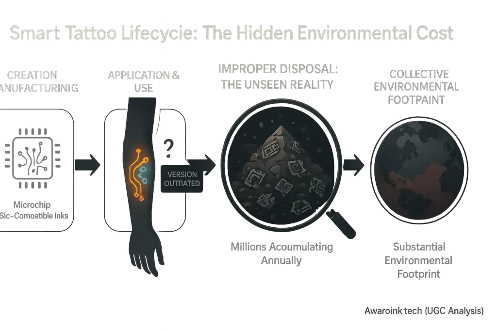 Infographic: Smart tattoo lifecycle, highlighting disposal as a critical stage with hidden environmental costs.