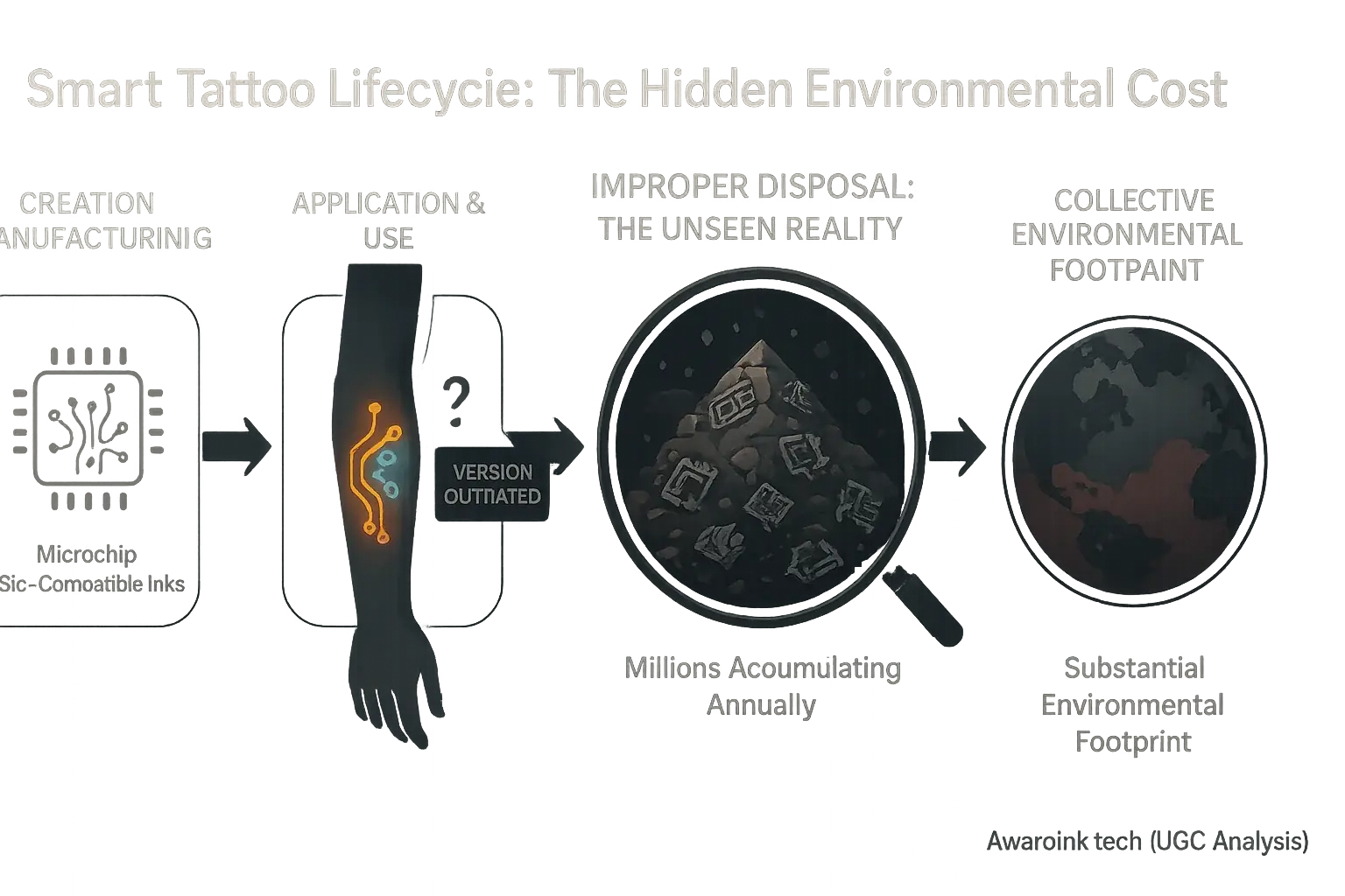 Infographic: Smart tattoo lifecycle, highlighting disposal as a critical stage with hidden environmental costs.