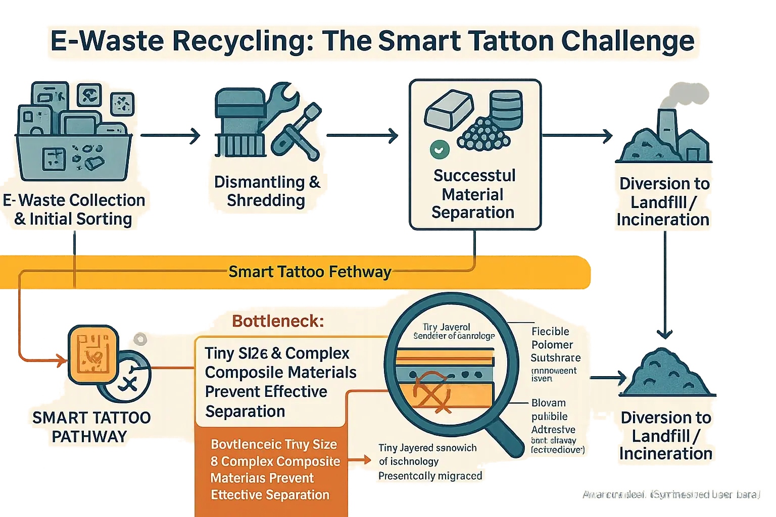 Flowchart: E-waste recycling. Smart tattoo composite materials prove hard to separate, leading to bottlenecks & landfill.