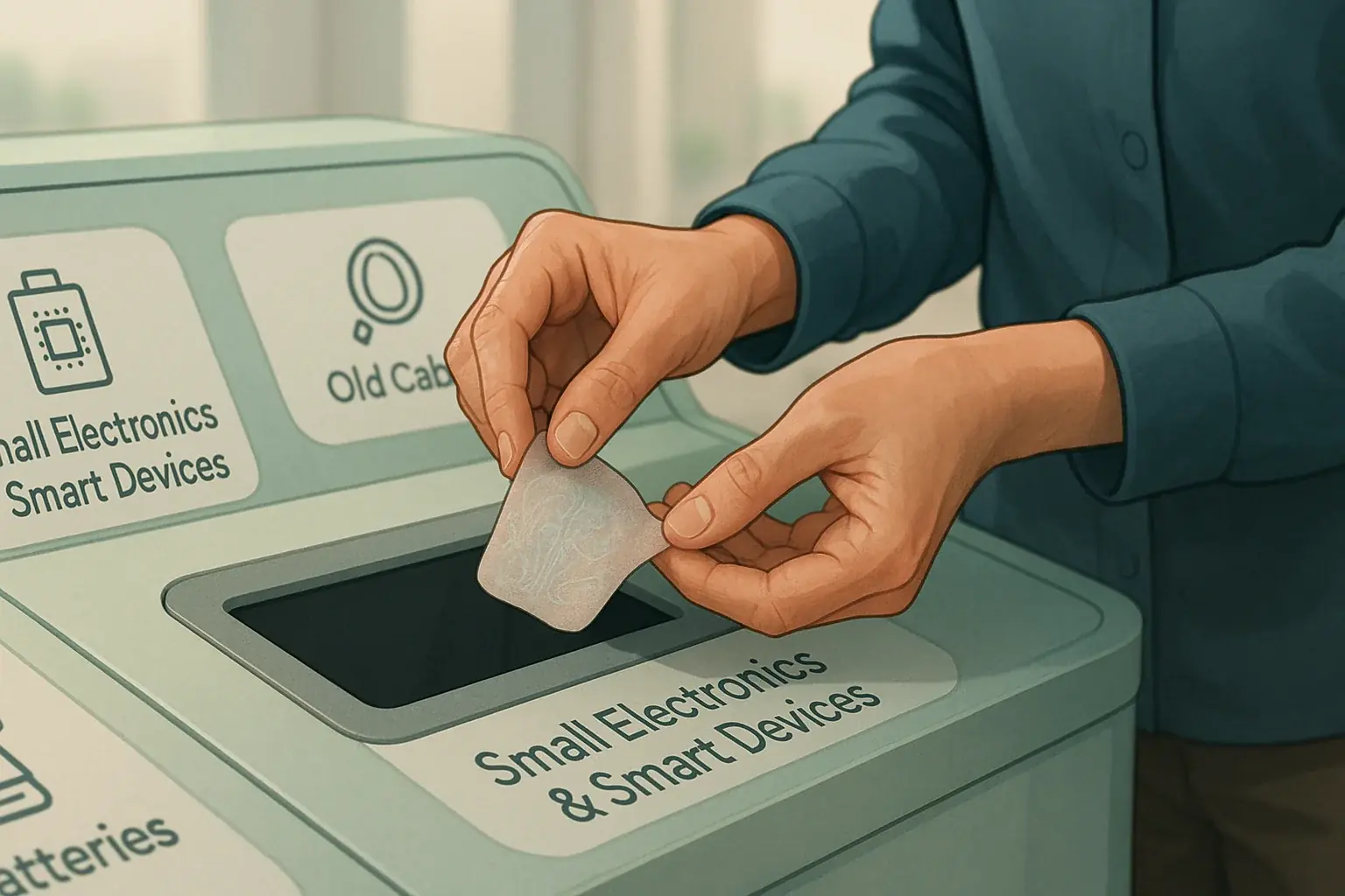 Person carefully sorting a smart tattoo into a clean, designated e-waste bin for responsible disposal.