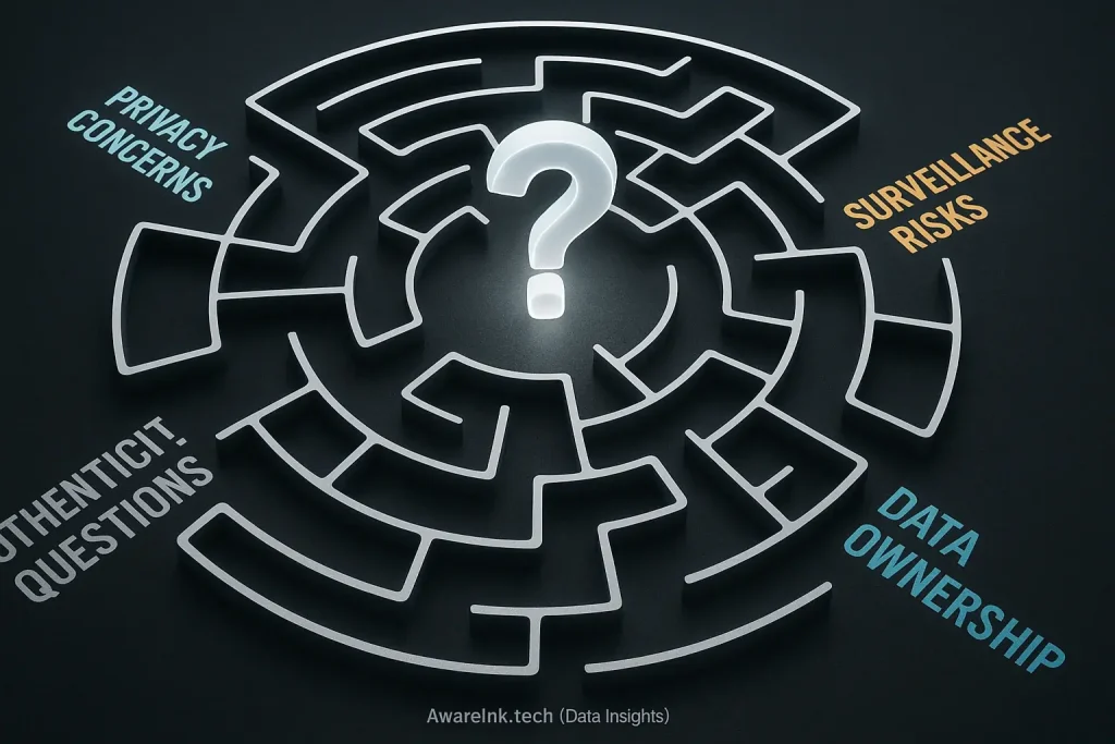 Stylized maze exploring smart tattoo ethics: privacy, surveillance, authenticity, data ownership, centered by a question