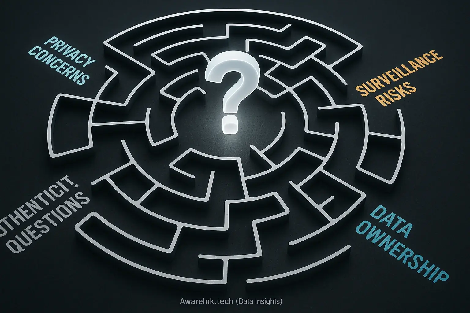 Stylized maze exploring smart tattoo ethics: privacy, surveillance, authenticity, data ownership, centered by a question
