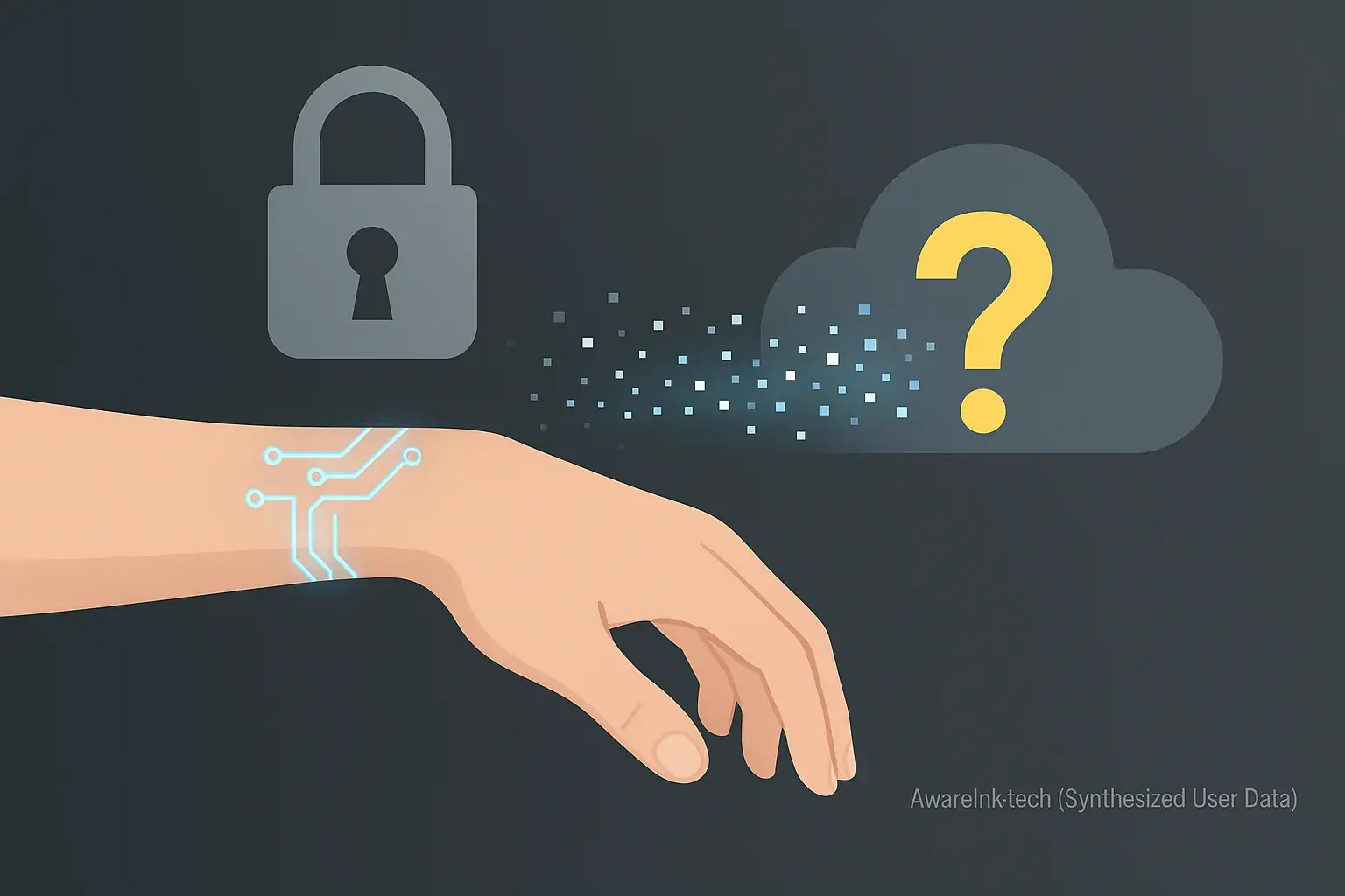 Data flows from smart tattoo to cloud; lock on hand symbolizes user control, question mark on cloud queries data ownership.
