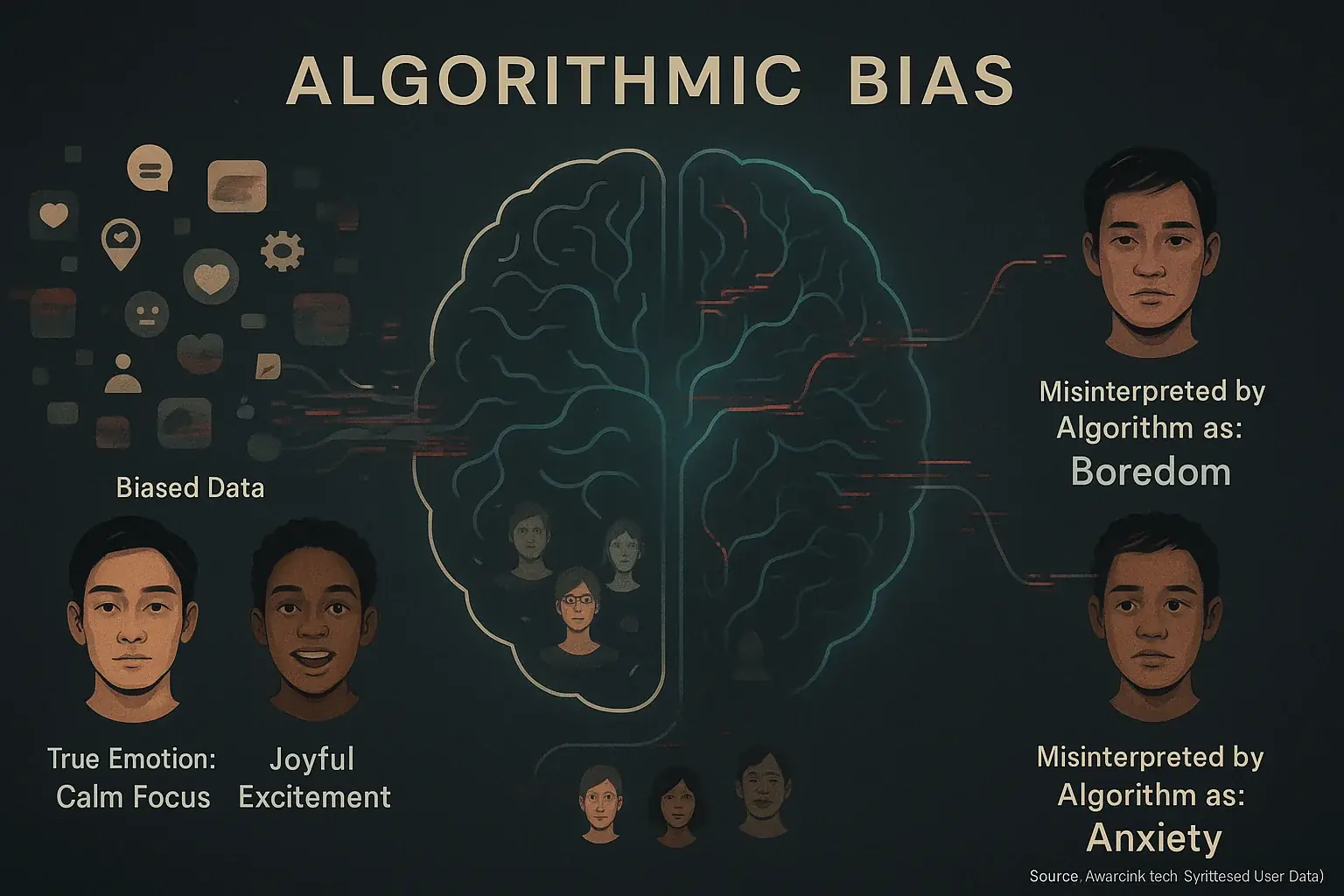 Infographic: Skewed brain connections misread diverse facial emotions, showing algorithmic bias in emotion recognition.