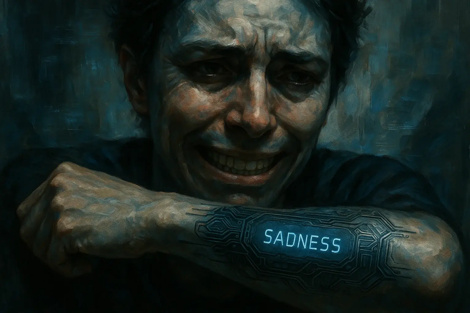 Person's forced smile; their smart arm tattoo reveals true sadness, illustrating the emotional authenticity paradox.