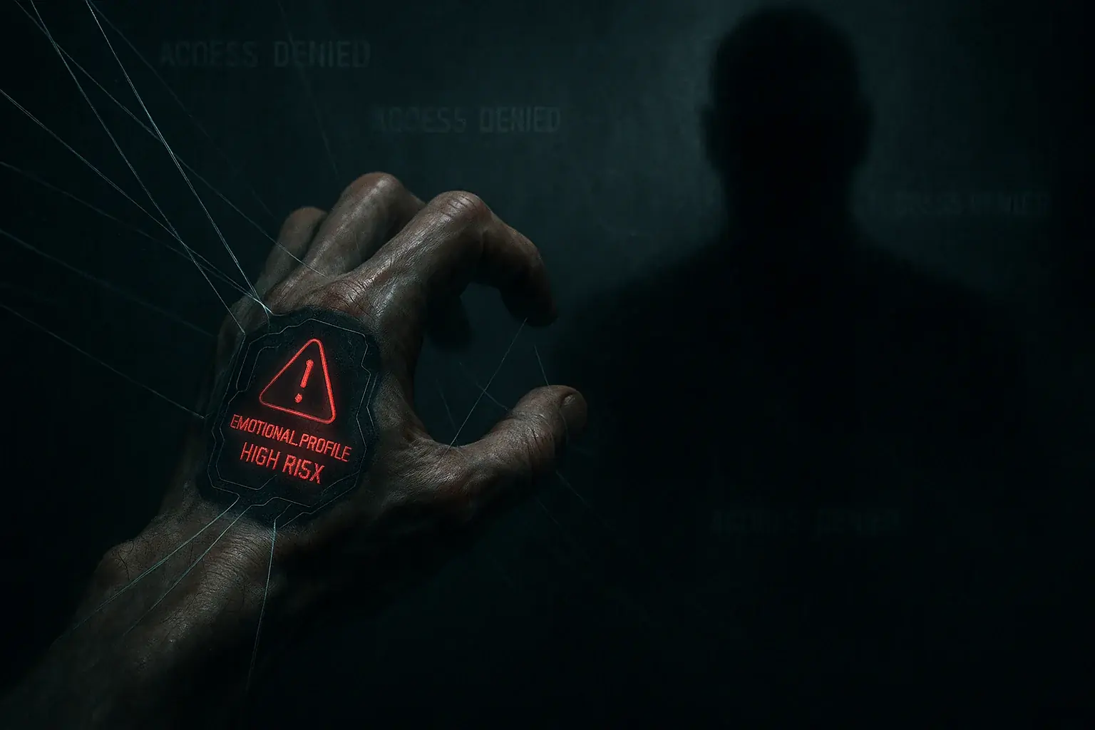Shadowy figure pulls invisible strings on a smart-tattooed hand, symbolizing emotional data misuse.