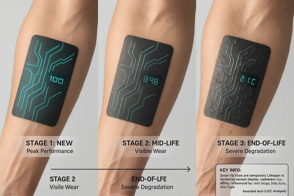 Smart tattoo's degradation on skin: progressive fading, cracking, and peeling illustrates its temporary lifespan.